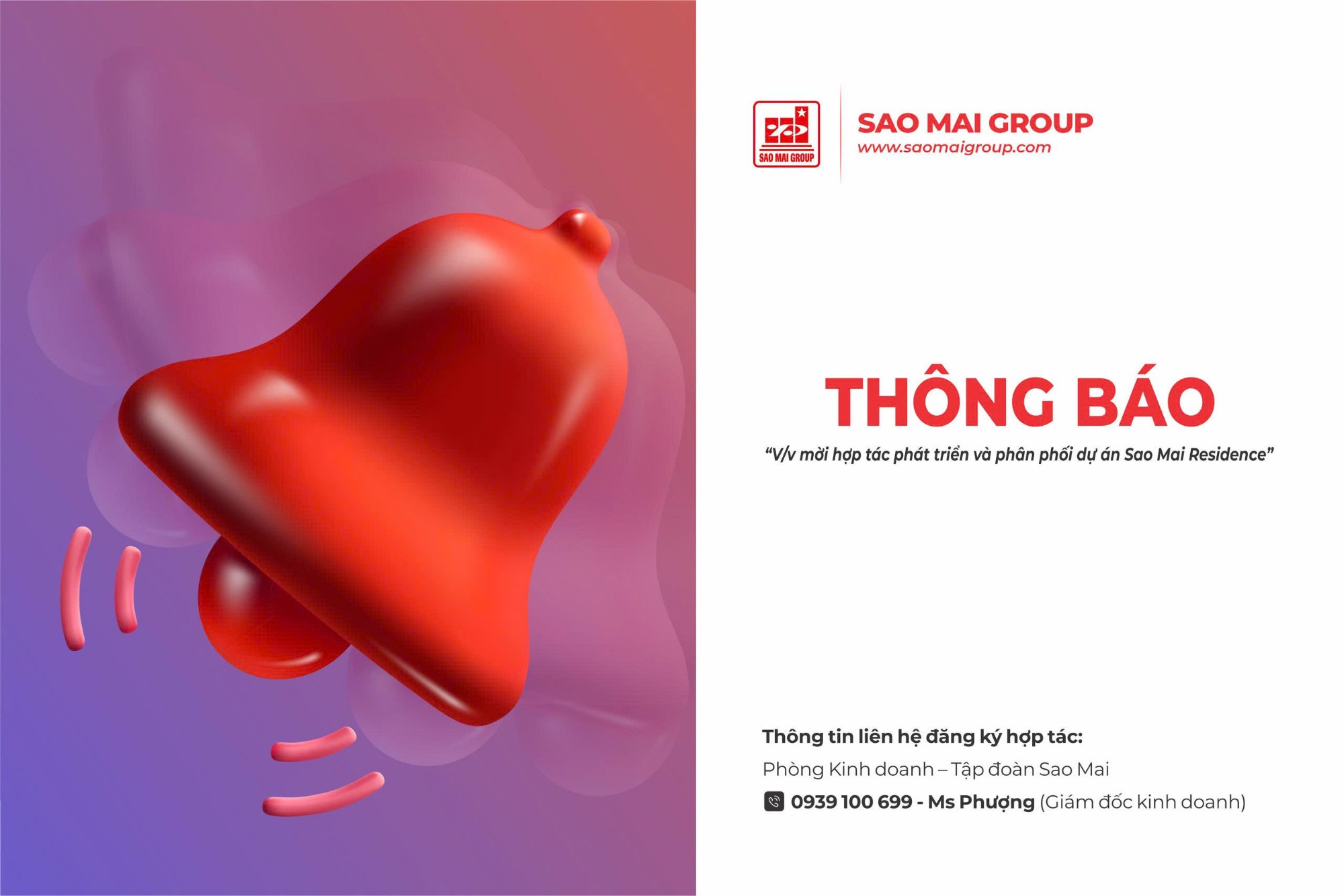 THÔNG BÁO V/V: MỜI HỢP TÁC PHÁT TRIỂN VÀ PHÂN PHỐI DỰ ÁN SAO MAI RESIDENCE