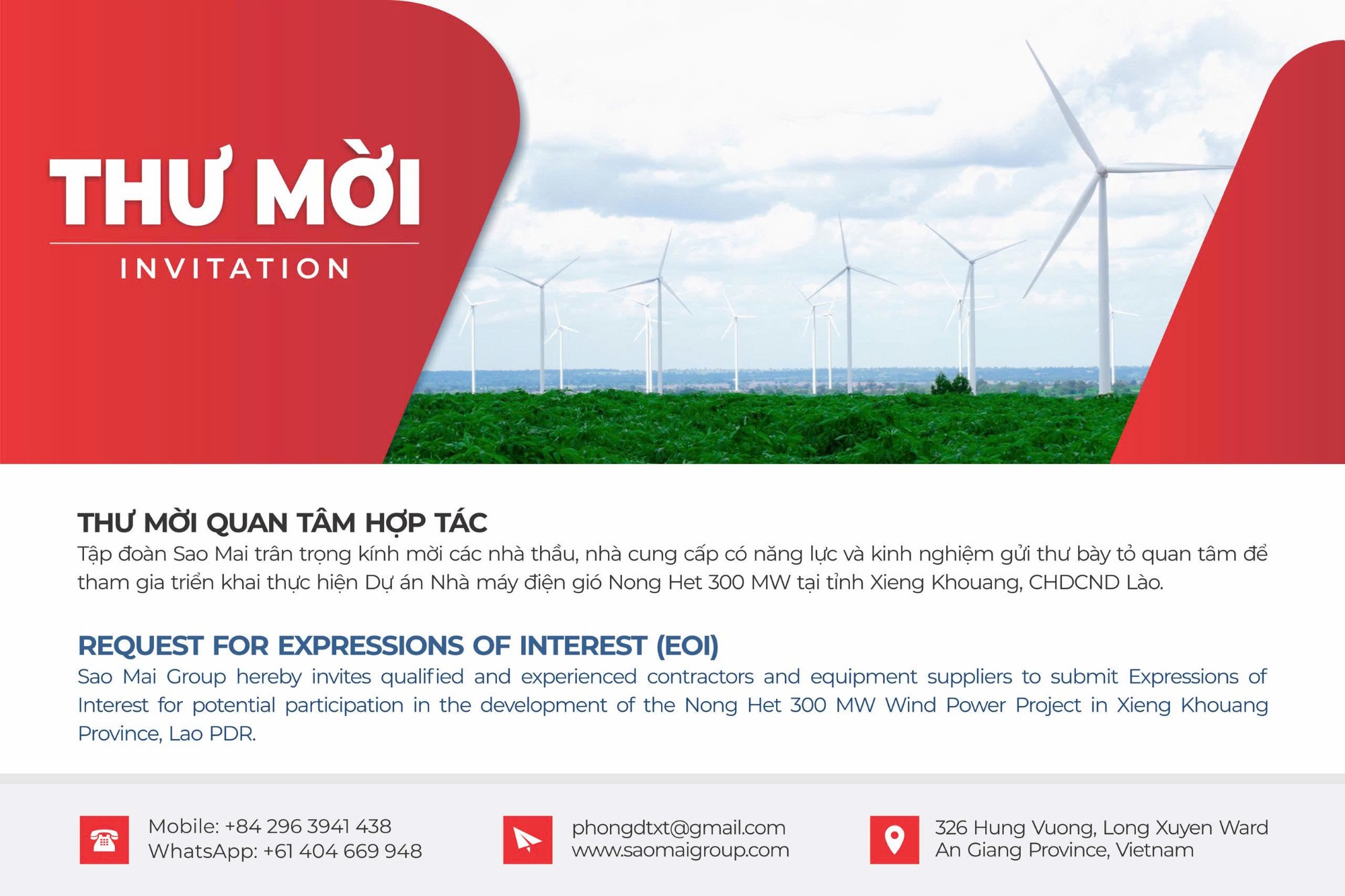 REQUEST FOR EXPRESSIONS OF INTEREST (EOI)  (NONG HET 300 MW WIND POWER PLANT PROJECT IN XIENG KHOUANG PROVINCE, LAO PDR)
